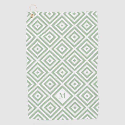 Seitengrün, weißes geometrisches Muster Monogramm Golfhandtuch (Vorderseite)
