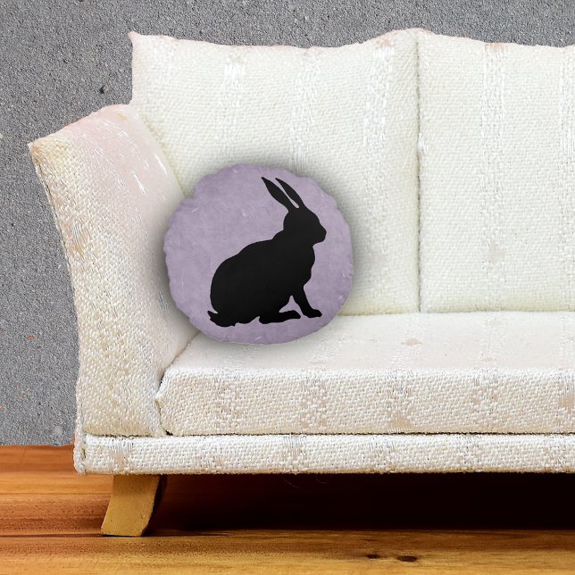 Seitenprofil Lila schwarzes Kaninchen-Marbled Rundes Kissen (Sitting black silhouette bunny rabbit on marbled purple round throw decorative pillow.)
