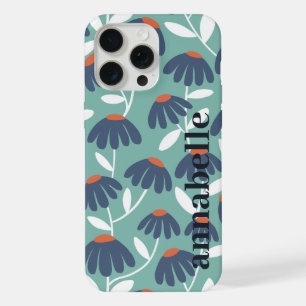 Seitiges Monogramm Name Blau & Rot Florales Muster iPhone 15 Pro Max Hülle