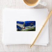 Seitliche weiße Hecktafel auf blauem Oldtimer Adressaufkleber (Insitu)