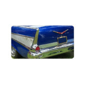 Seitliche weiße Hecktafel auf blauem Oldtimer Adressaufkleber (Vorne)