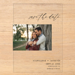 Seitliches Foto Modernes Save-the-Date Acryleinladungen