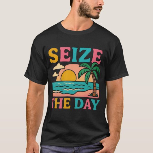 SEIZE THE DAY Glitter Typography Tropical Sunset T-Shirt (Vorderseite)