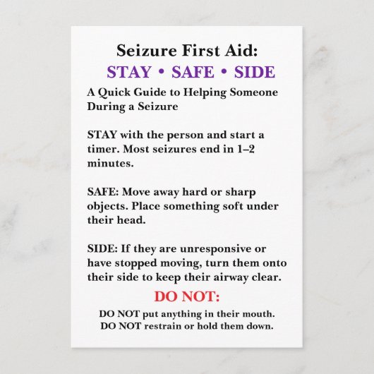 Seizure First Aid Card  Karte (Vorderseite)