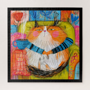 Selbstgefällige orange getigerte Katze trinkt Kaff Puzzle