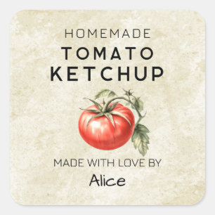 Selbstgemachte Tomaten-Ketchup Vintage-Etikett für Quadratischer Aufkleber