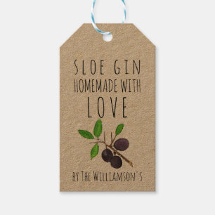 Selbstgemachter Sloe Gin mit Liebe auf Kraftpapier Geschenkanhänger