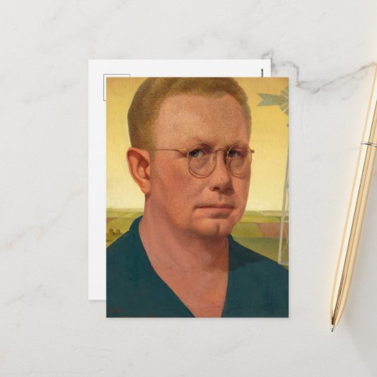 Selbstportrait von Grant Wood Feiertagspostkarte (Vorderseite/Rückseite Beispiel)