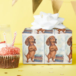 Selbstsicherer Dachshund mit lustigen Büchern Geschenkpapier