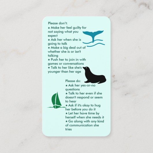 Selektiver Mutismus verbindet Mädchen Visitenkarte (Rückseite)