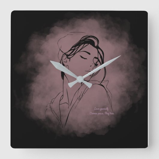 Self-Love Line Art Clock – "Love Yourself" Design Quadratische Wanduhr (Vorderseite)