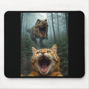 Selfie einer orangefarbenen Katze mit T-Rex-Dinosa Mousepad