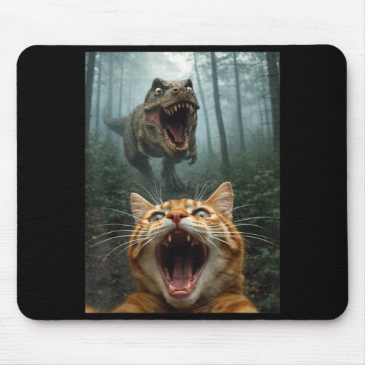 Selfie einer orangefarbenen Katze mit T-Rex-Dinosa Mousepad (Vorne)