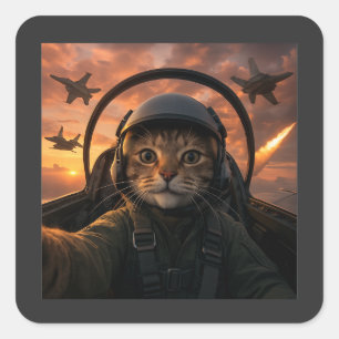 Selfie Squad Cat Funny Fighter Pilot Meme Cat Gen Quadratischer Aufkleber