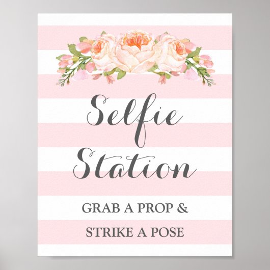 Selfie Station Hochzeitssing Rosa Blume Streifen Poster (Vorne)