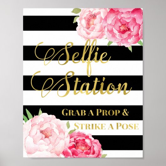 Selfie Station Signieren Rosa Blütenschwarze Strei Poster (Vorne)