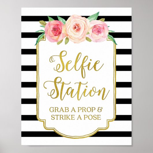 Selfie Station Signieren Rosa Blütenschwarze Strei Poster (Vorne)