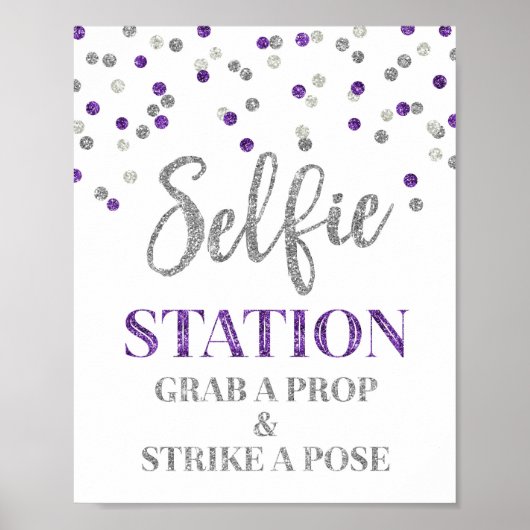 Selfie Station Wedding Sign Lila Silver Confetti Poster (Vorne)