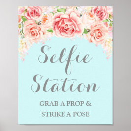 Selfie Station Wedding Sign Pink Watercolor Blue Poster
