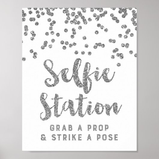 Selfie Station Wedding Sign Silver Confetti Poster (Vorne)