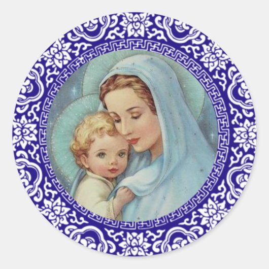 Selige Jungfrau Mary Baby Jesus Blue Border Runder Aufkleber (Vorderseite)