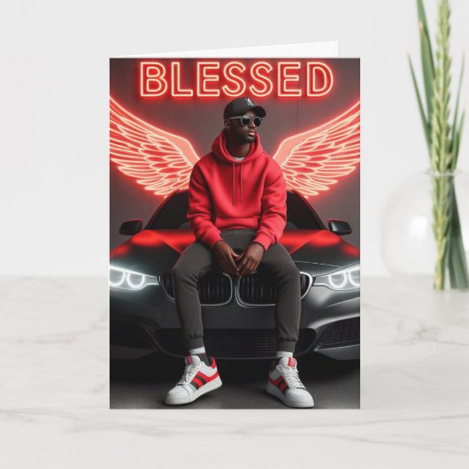 Seligen Black Man-Urban Neon Angel Wings Birthday Karte (Vorderseite)