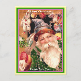 Selten Santa Lila Hat Green Coat Brown Fur & Stars Postkarte