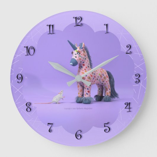 Seltsame Begegnung Maus und Einhorn Große Wanduhr (Vorderseite)