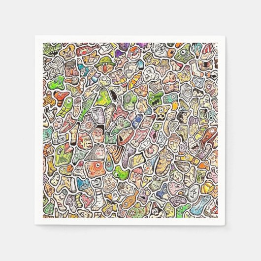 Seltsame Cartoon-Gesichter Buntstift Serviette (Vorderseite)