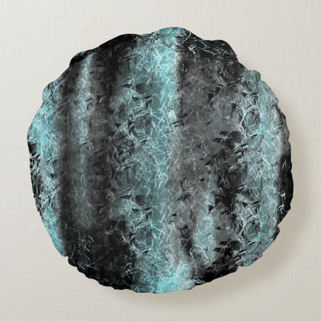 Seltsame faserige Textur in Blau und Schwarz Rundes Kissen (Rückseite)