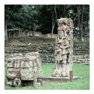 Seltsame klare Mayaruine-alte Statuen Honduras Poster