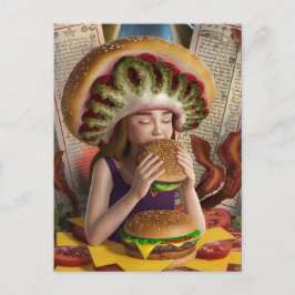 Seltsame Surreal Girl mit Bacon Cheeseburger Postkarte