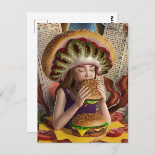 Seltsame Surreal Girl mit Bacon Cheeseburger Postkarte (Vorne/Hinten)