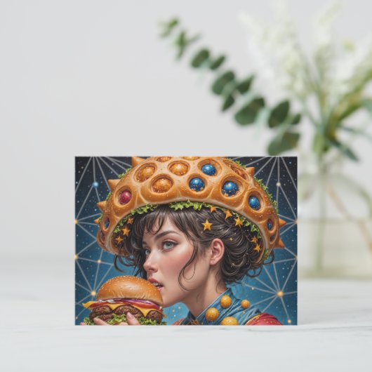 Seltsame surreale Frauen mit Cheeseburger Postkarte (Stehend Vorderseite)