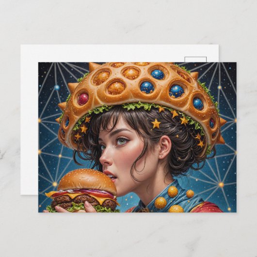 Seltsame surreale Frauen mit Cheeseburger Postkarte (Vorne/Hinten)