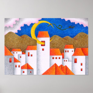 Seltsamer Raum, eine Stadt unter dem Halbmond. Poster