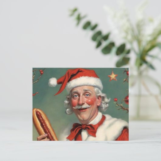 Seltsamer Weihnachtsmann mit Hot Dog Postkarte (Stehend Vorderseite)