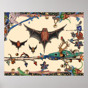 SELTSAMES MITTELALTERLICHES BESTIARIUM, FLIEGENDE  POSTER