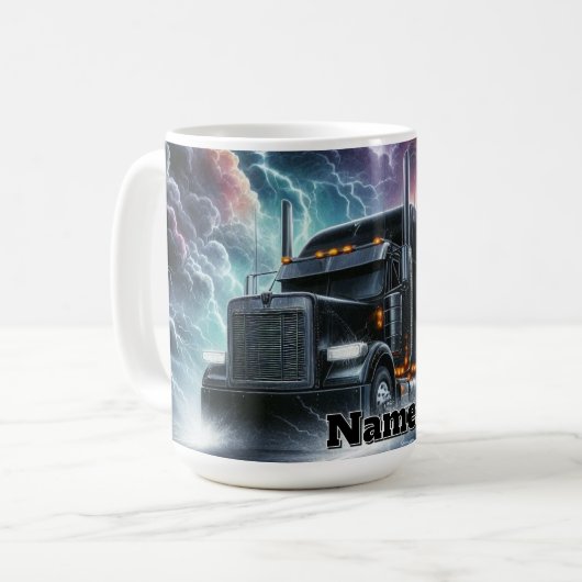 Semi Truck in einem pulsierenden Blitzgesturm Kaffeetasse (Vorderseite Links)