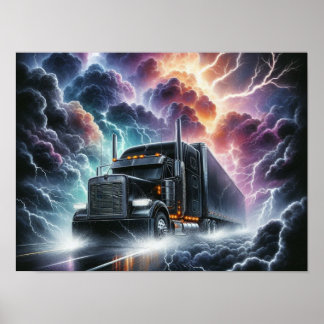 Semi Truck in einem pulsierenden Blitzgesturm Poster