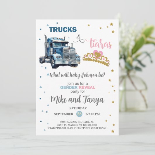 Semi Trucks oder Tiaras Geschlecht offenbaren Einl Einladung (Stehend Vorderseite)