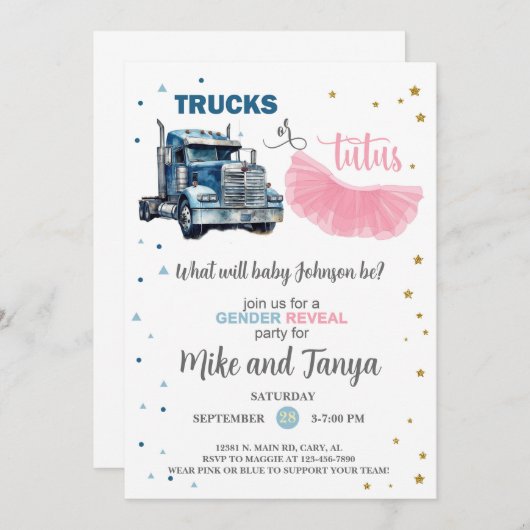 Semi Trucks or Tutus gender reveal invitation. Einladung (Vorne/Hinten)