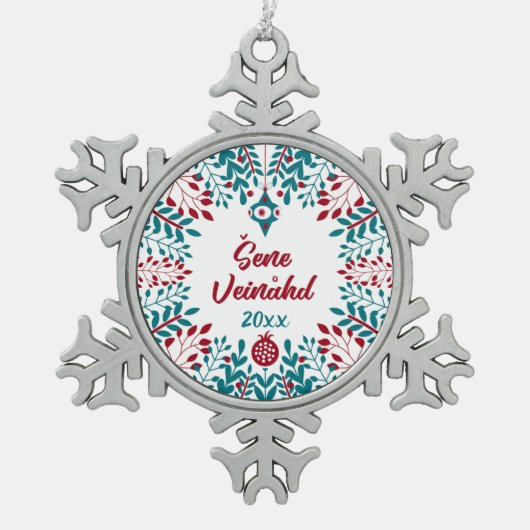 Šene Veinåhd, bayerischer Boarisch Weihnachtsgruß Schneeflocken Zinn-Ornament (Vorderseite)