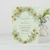 Senf-Aqua-Ranunculus-Eucalyptus-Hochzeit Einladung (Stehend Vorderseite)