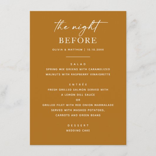 Senf Fall Probe Abendessen. Nacht vor der Moderne Menükarte (Vorderseite)