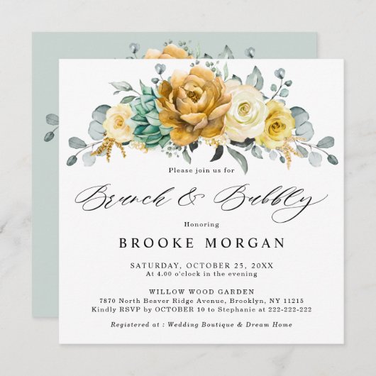 Senf Gelb Blumenkäse Grüner Brunch und Bubbly Einladung (Vorne/Hinten)