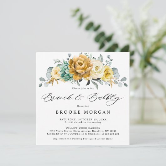 Senf Gelb Blumenkäse Grüner Brunch und Bubbly Einladung (Stehend Vorderseite)