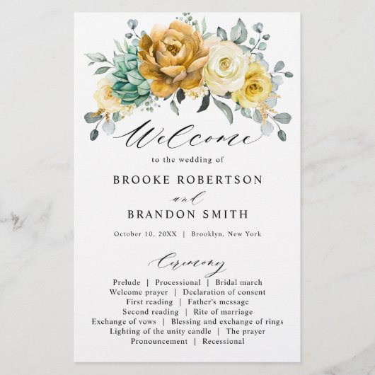 Senf-Gelb-Salbei-Hochzeitsprogramm (Vorderseite)