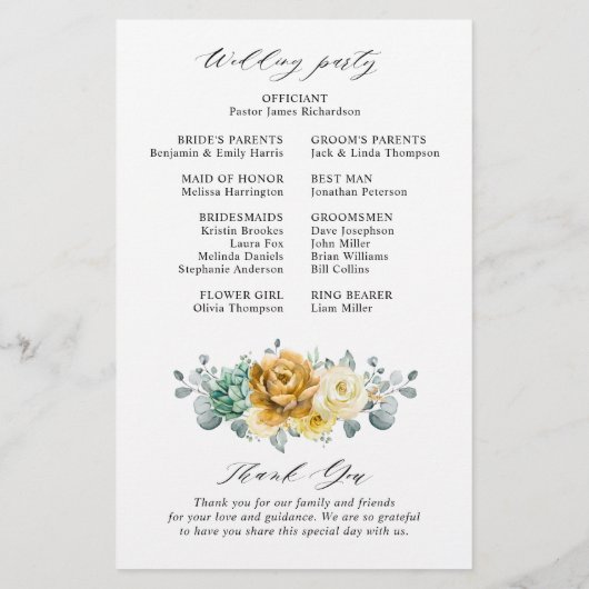 Senf-Gelb-Salbei-Hochzeitsprogramm (Rückseite)