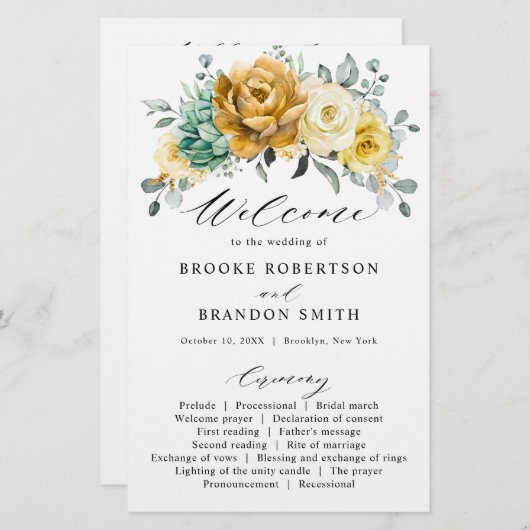 Senf-Gelb-Salbei-Hochzeitsprogramm (Vorne/Hinten)